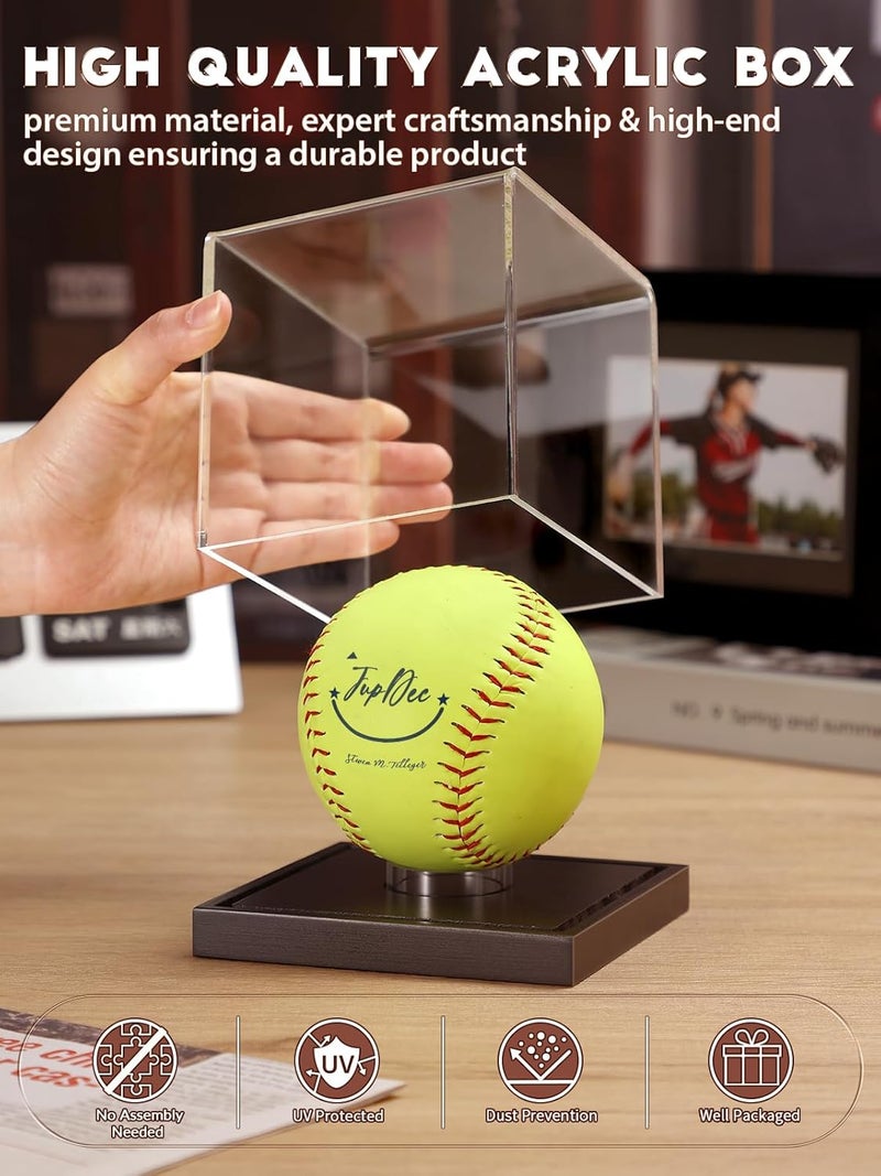 JupDec Softball Display Case Clear Acrylic Ball Holder, UV Protected Cube with Wood Base Stand, Championship Sports Collections Box Showcase, Black - Image 2